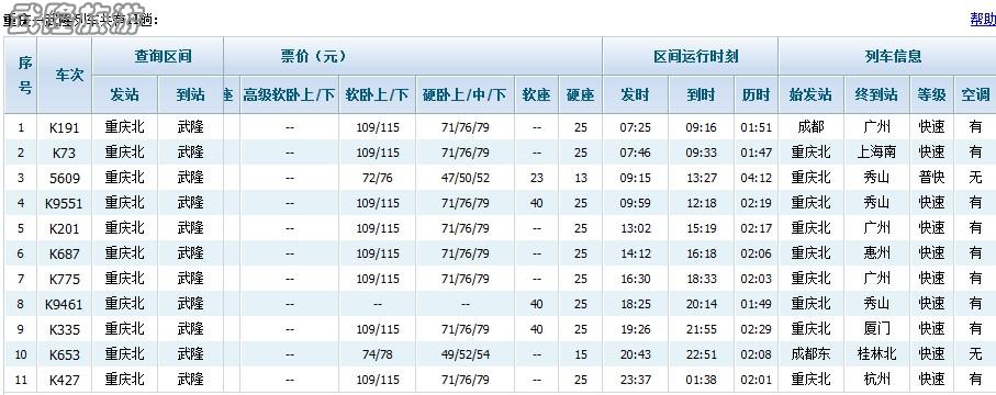 武隆火车时刻